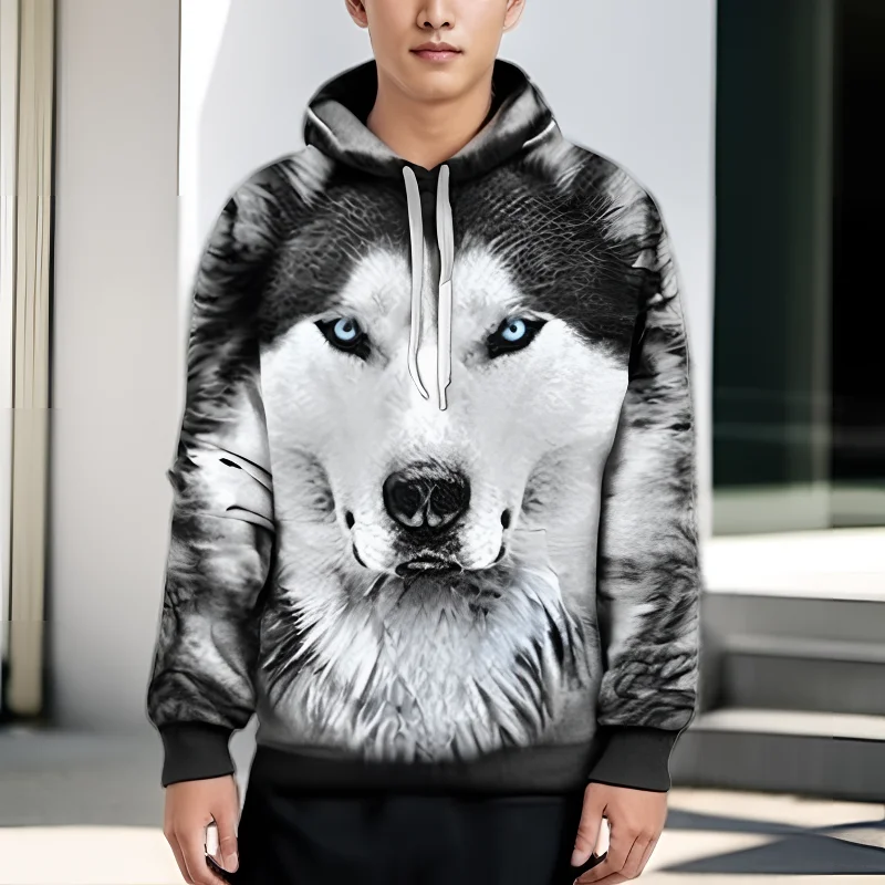 New Wolf Pattern 3D Full Body Printed Hoodie for Casual Men's Fitness Slow Running Handsome Sports Shirt