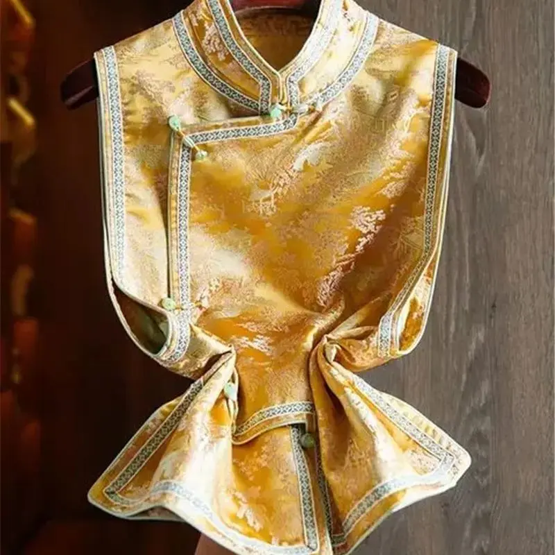 Summer Chinese Style Silk Vest Buckle Button Vintage Jacquard Loose Cardigan Sleeveless Waistcoat Women TanK Tops All Match 3541