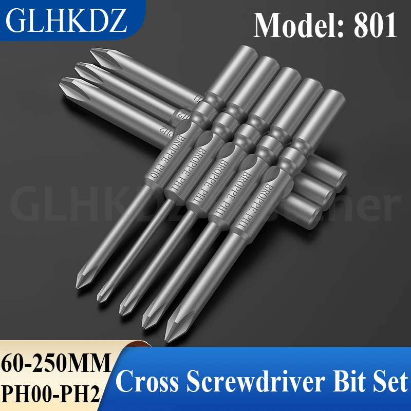 

60/80/100~250mm 801 Electric Phillips Screwdriver Bit Set 5mm Round Shank Cross Screwdriver Bit Magnetic Driver Bits PH00-PH2