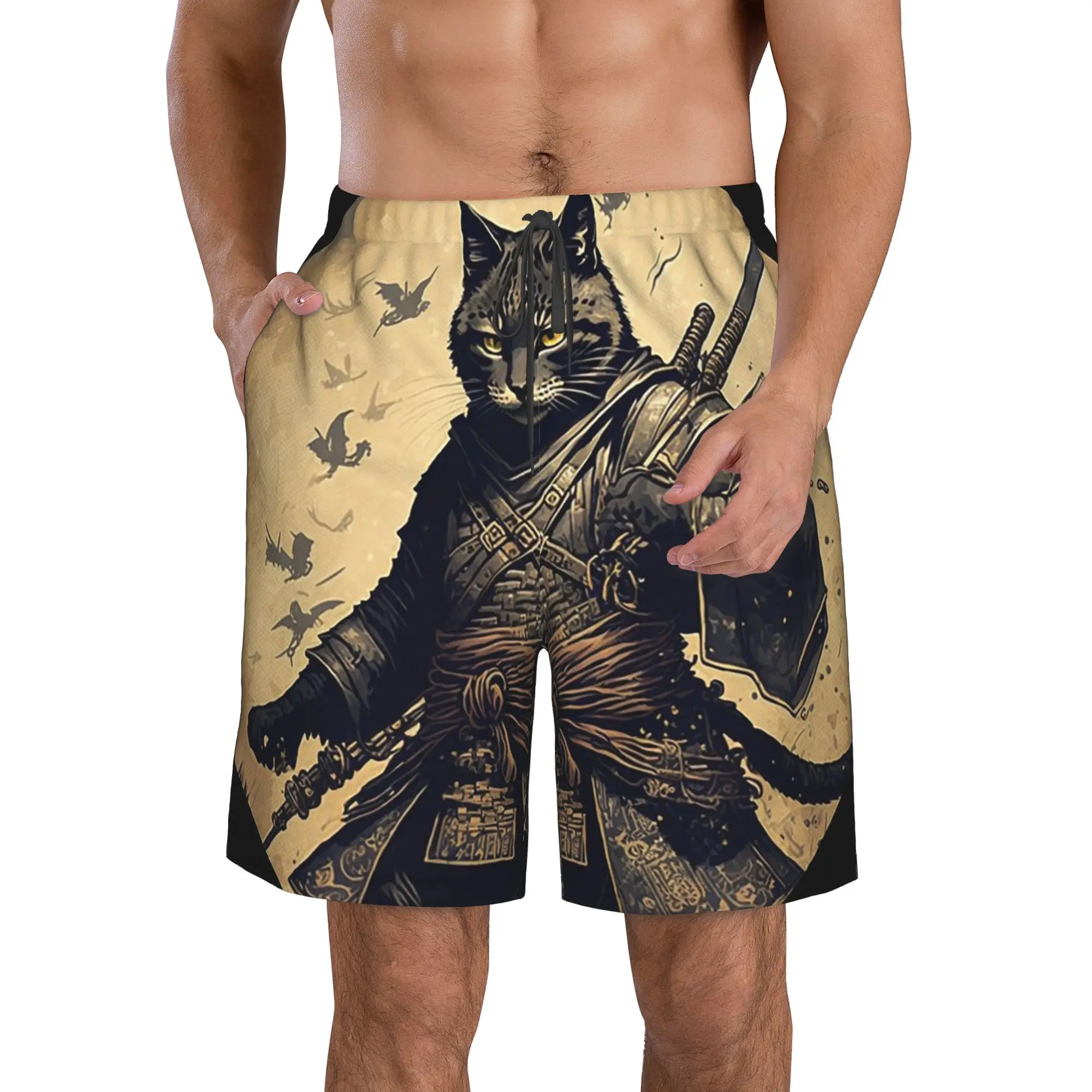 Anime Japanese Samurai Warrior Cat Trunks Beach Board Shorts Casual Quick Dry Swim Summer Men Pants