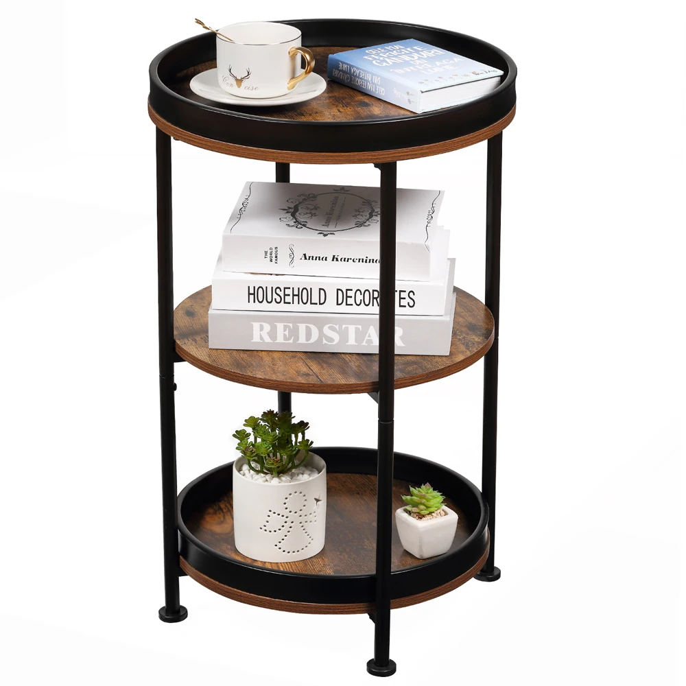 Brown Retro Side Table Coffee/Bedside Table Round End Bedroom Table With 3 Steel Frame Storage Sofa Living Bedroom Balcony Table