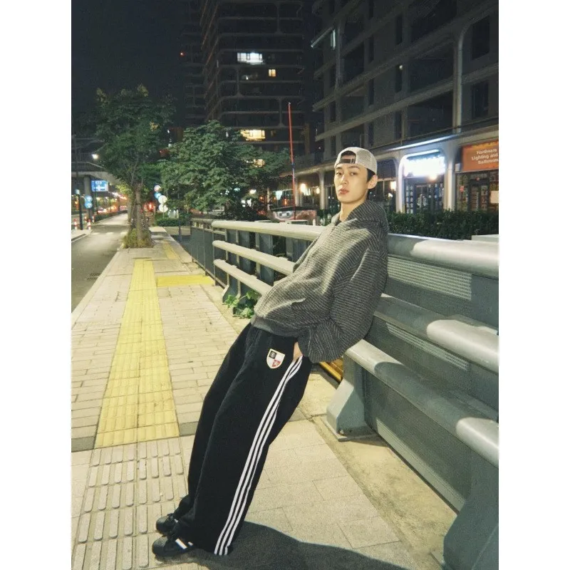 American Retro Sport Style Patchwork Striped Work Pants Loose Straight Casual Trousers for Men And Women