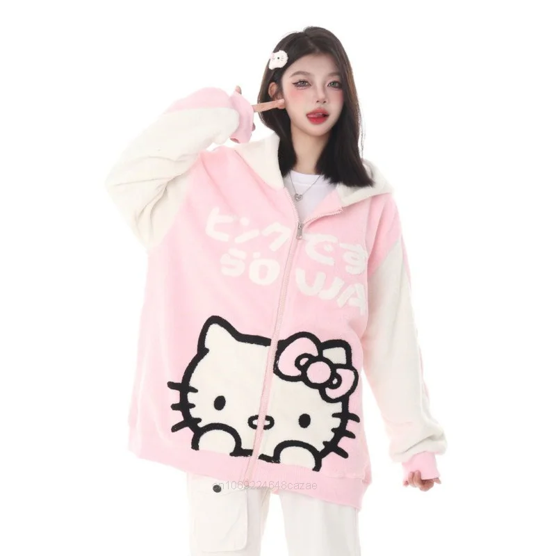 Sanrio Hello Kitty Plush Hoodies Women Fashion Zippers Cardigan American Trend Couples Sweatshirt Y2k Sweet Cute Girls Clothing