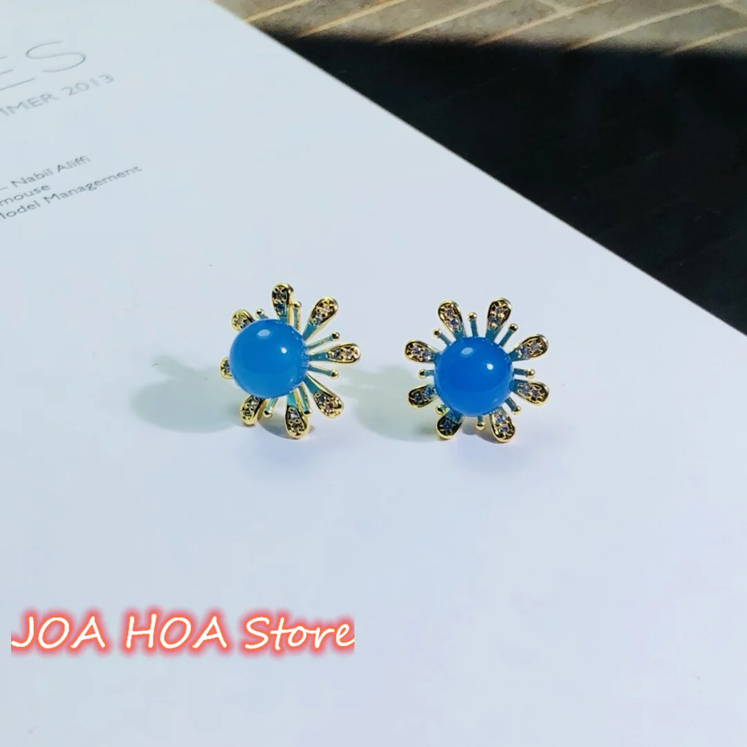Sunflower Style High Quality Ear Studs 925 Silver With Gold Plated Inlay Natural Chalcedony Agate Jade Earrings Fine Jewelry