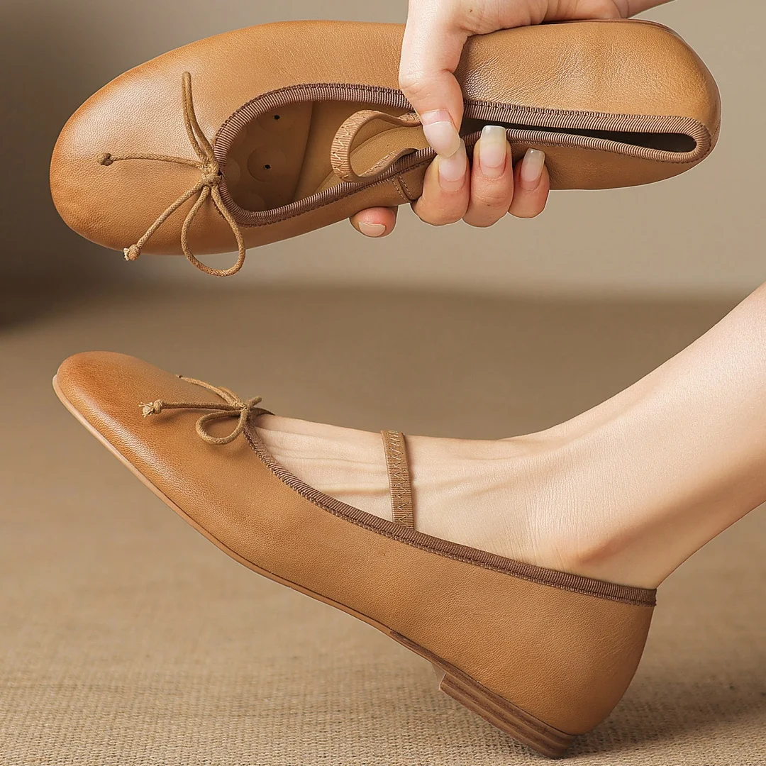 

Flokathy women's sheepskin round toe sweet bowtie slip-on ballet flats high quality soft comfortable ballerinas casual shoes 40