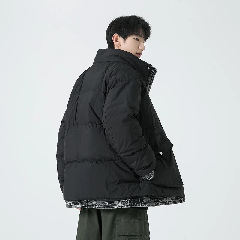 Men's Winter Puffer Jacket Short Thickened Stand Collar Duck Down Warm Bread Style Couple's Outerwear Casual Loose Fit Coat