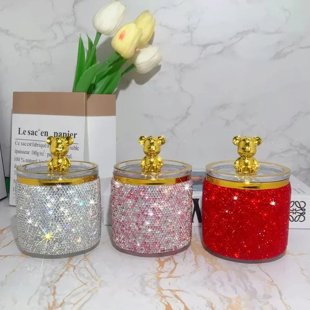 Sparkling Diamond Toothpick Box With Bear Lid Cotton Swab Storage Case Storing Cotton Swabs Dental Floss Toothpick Jar Organizer view 6