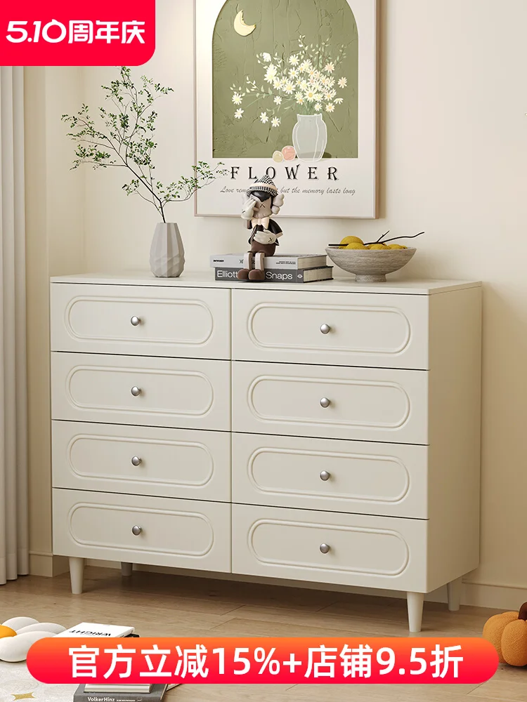 

Cream wind solid wood eight-bucket cabinet, modern simple household drawer cabinet, integrated bedroom against the wall, bedside