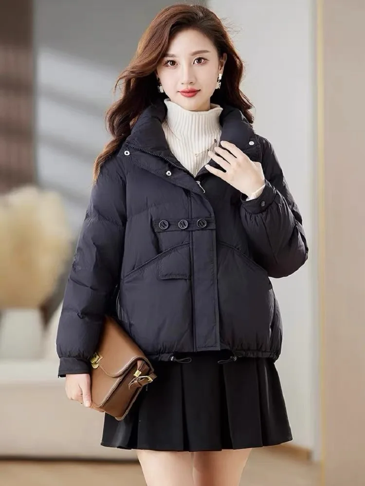 Women's New Style Three-button Down Jacket Winter Petite Bread Jacket Outerwear Loose Fit Thickened Warm Stand-up Collar