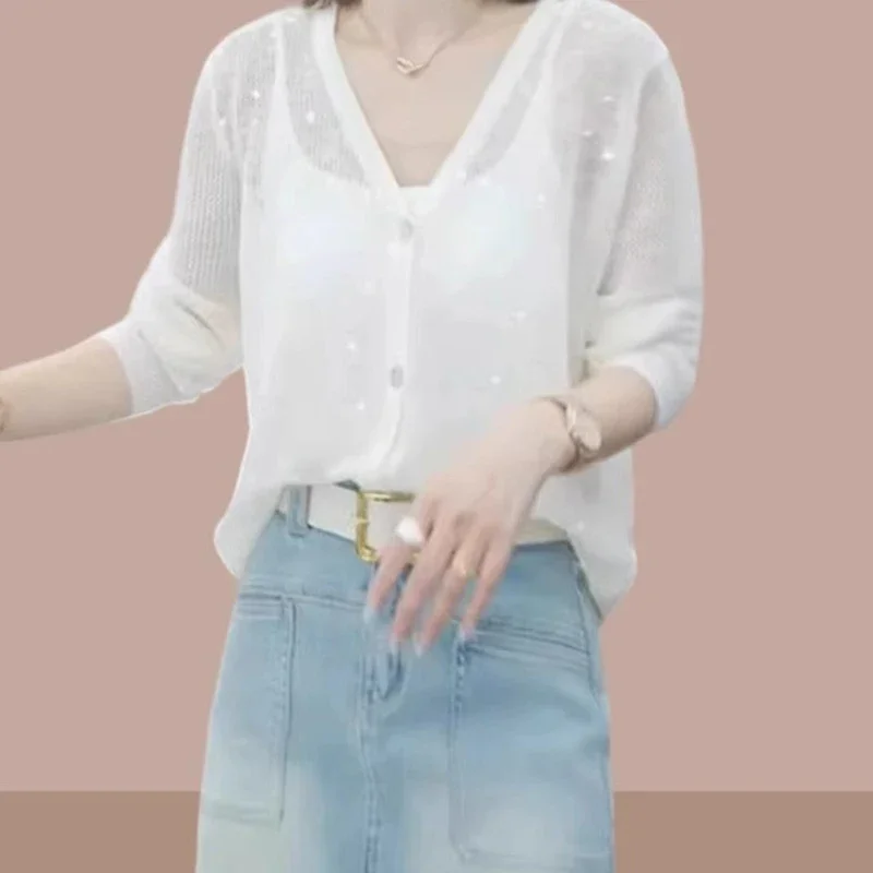 Cardigan tricoté pour femmes, pull d'été fin à manches longues, simple boutonnage, chemise de protection solaire, tempérament, paillettes, col en v, haut ample