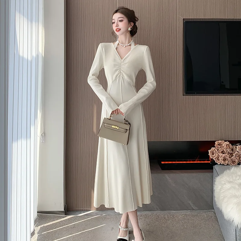 

Knitting French Sweater Dress V-neck Long Sleeve Draped Solid Long Dresses Autumn and Winter New Fashion Dresses for Women 2023