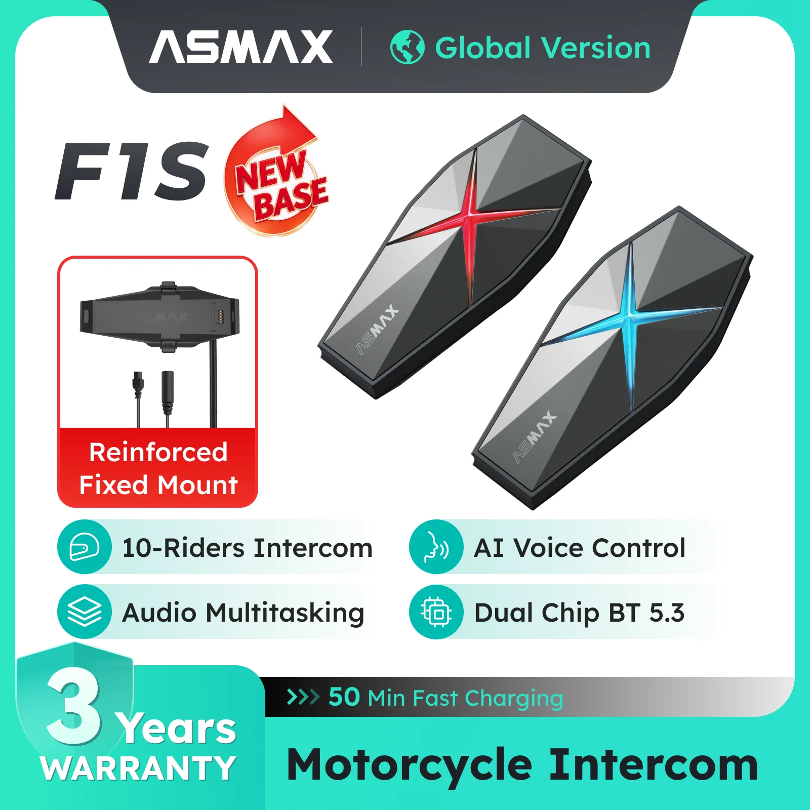 Intercom moto ASMAX F1S pour 10 motards, commande vocale, communication Bluetooth 5.3 pour casque, son Hi-Fi, sans base magnétique