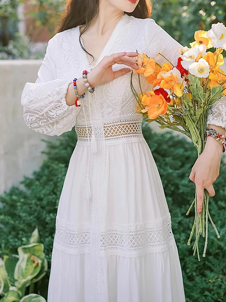 Summer Women Long Dress Vintage White Boho Lace Dresses Female Hollow Out Dress Ladies Elegant Loose Beach Holiday Vestidos