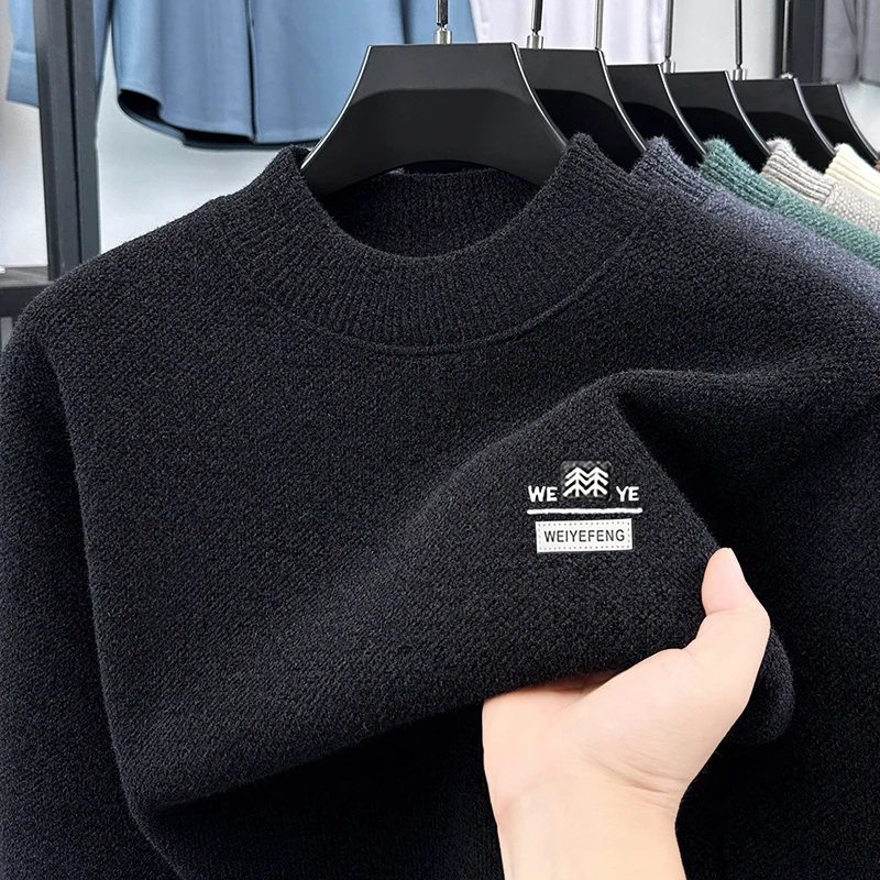 

Luxury Man Long Sleeves Knitwear Mock Neck Fleece-Lined Thickened Embroidery Winter Warm Sweater Leisure Fashion Men's Clothing