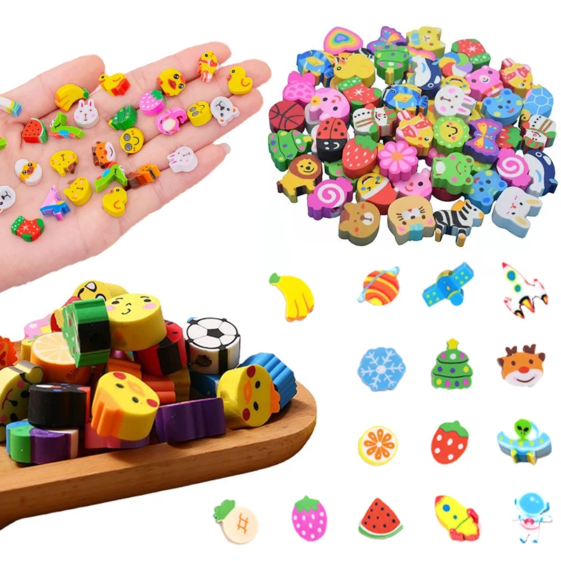 

20/40/100/200PCS Mini Eraser Various Shapes Random Mix Cute Animal Fruit Cake Space Cartoon Student Reward Eraser Stationery ZYF