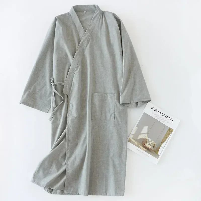 The New Four Seasons Men Is Cotton Linen Robe Men\'s Solid Color and Dress Robe Middle-aged Home Bath Steam Clothing Gentlemen