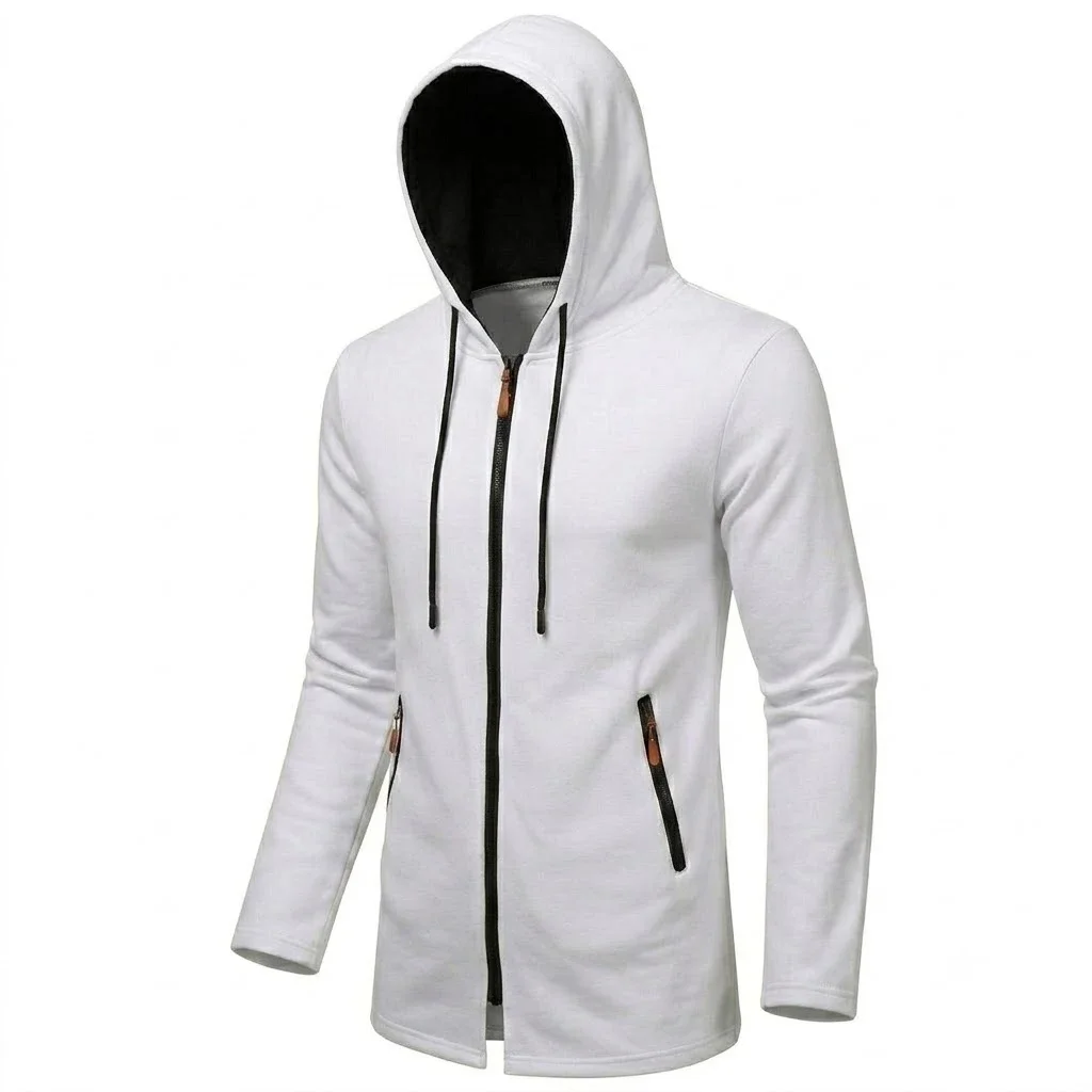 Neue Herren-Kapuzenjacke mit Reißverschluss, thermisch, winddicht, lässiger Fleece-Sweatshirt, Reißverschlusstaschen, langer Mantel für Outdoor-Aktivitäten, mit Kapuze – Detail 14