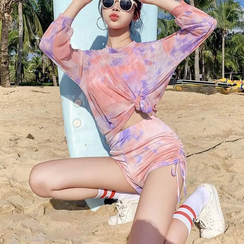 

X9FF Three-pieces Female Printed Soft Bag Set Knotted Women Sexy Bathing Suit