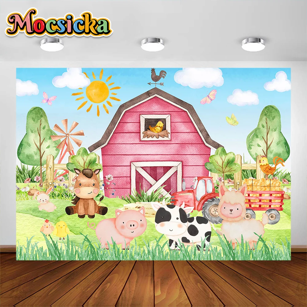 

Mocsicka Farm Animal Backdrop Banner Table Runner Birthday Party Decoration Baby Shower Cartoon Farmland Animal Party Background