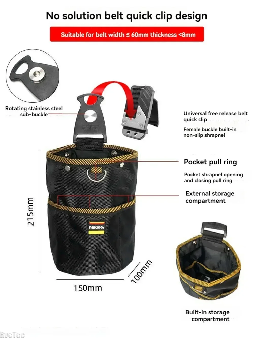 NAKIOO 1680D Rotatable Quick-hanging Nail Tool Bag Tool Pouch for Woodworking Mechanic Man Gift Electrician Tool Organizer