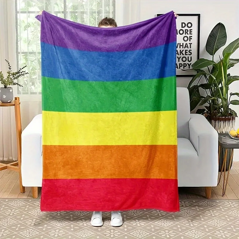 Six Color Rainbow Horizontal Stripe Flannel Blanket,Bright Rainbow Striped Simple Print Soft Throw Sofa Bedroom Party Home Decor