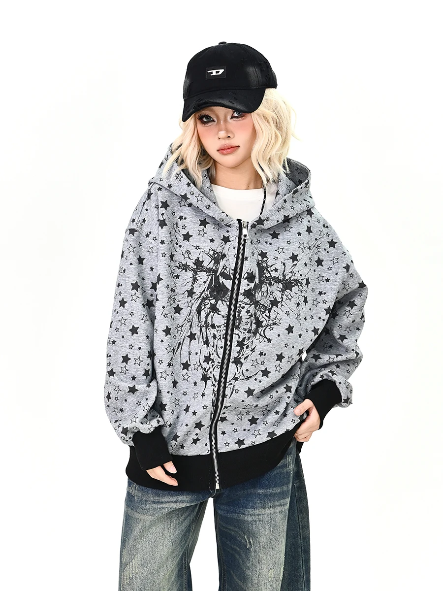 

Весна 2026 Женская свободная толстовка-кардиган в стиле аниме с принтом звезд, в американском университетском стиле, уличная одежда, стандартный крой, длинный рукав