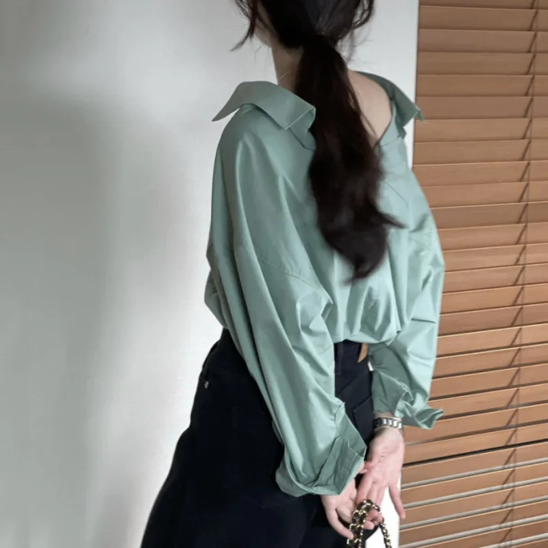 

Women's Vintage Spring Autumn Shirts Backside V Neck Blouse Full Sleeve Single Breasted Tops