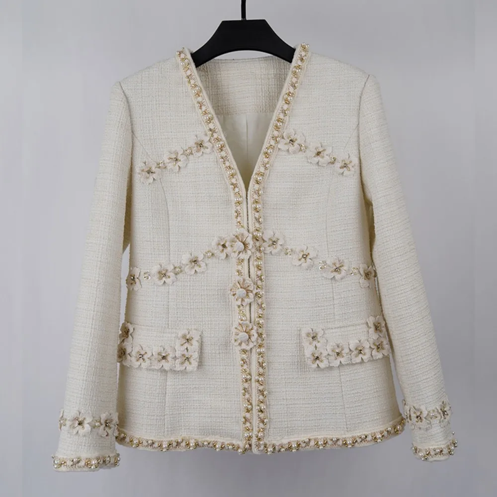 

2023 Spring Elegant Women High Quality Beading Flower V-neck Tweed Coat C614