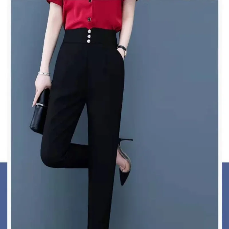 Female Clothing Spring Summer Pants Women Solid Color Pencil Button Pockets Elastic Waist Elegant Fashion Vintage Trousers