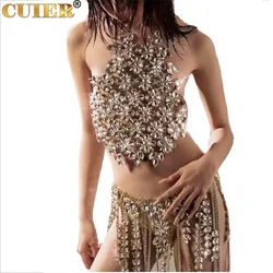 CuiEr Stunning Water Drop Halter Tops Long Tassel Dress Set Glass Strass Sexy Body Jewelry for Women Fashion Rhinestones Skirt