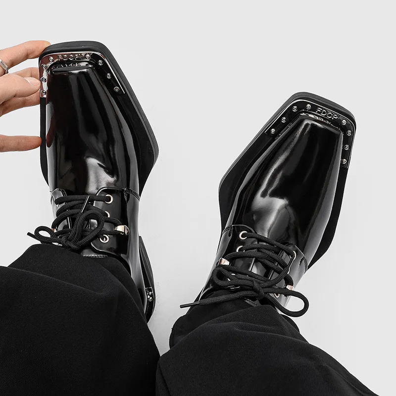 Men's Shoes Designer Metal Square Toe Derby Shoes Fashion Thick Soled Lace Up Upturned Toe Leather Shoes Men Trendy Casual Shoe