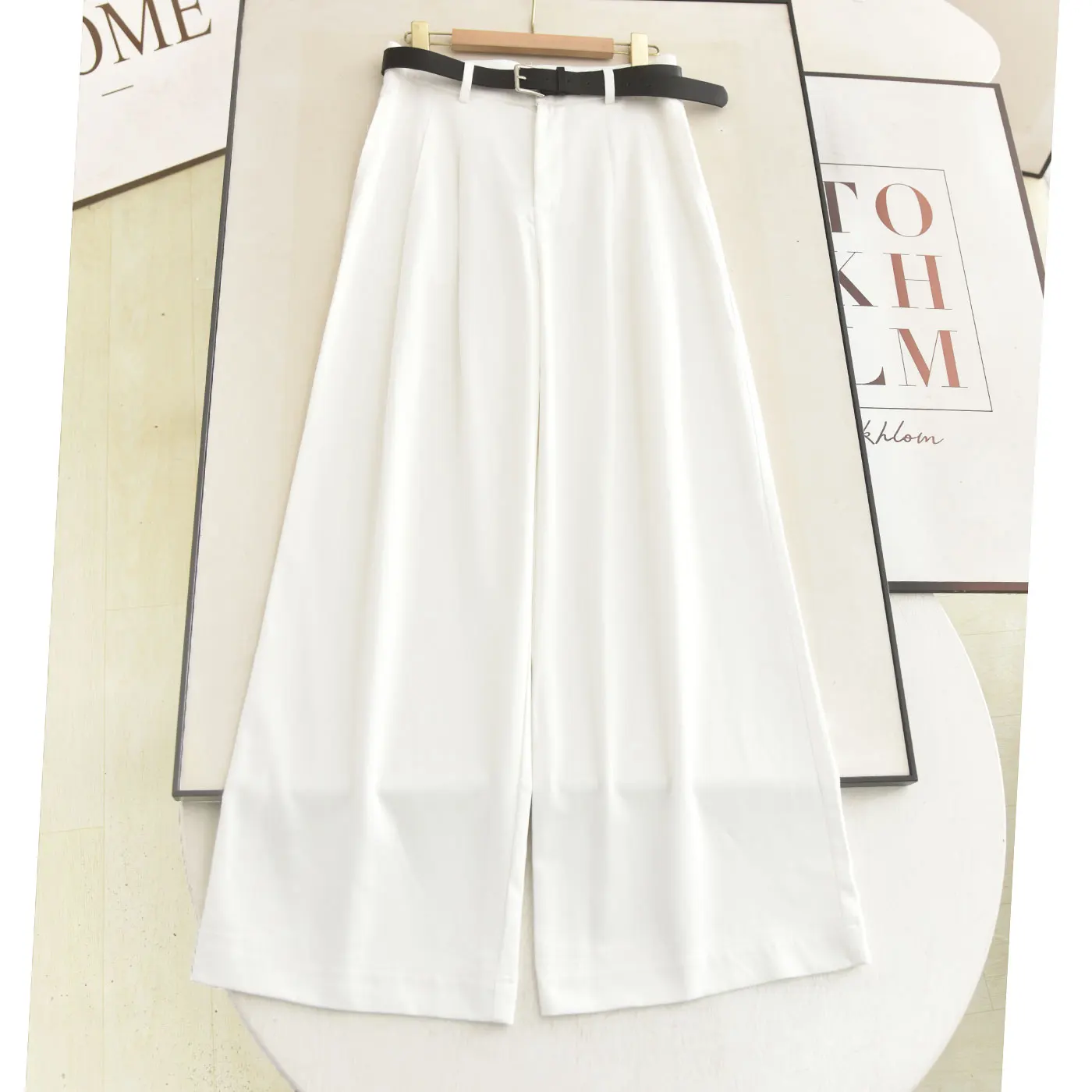 

Simple Style Wide Leg Pants High Waist Zipper Casual Loose Fit Floor Length Draping White Versatile Straight Cut Trousers