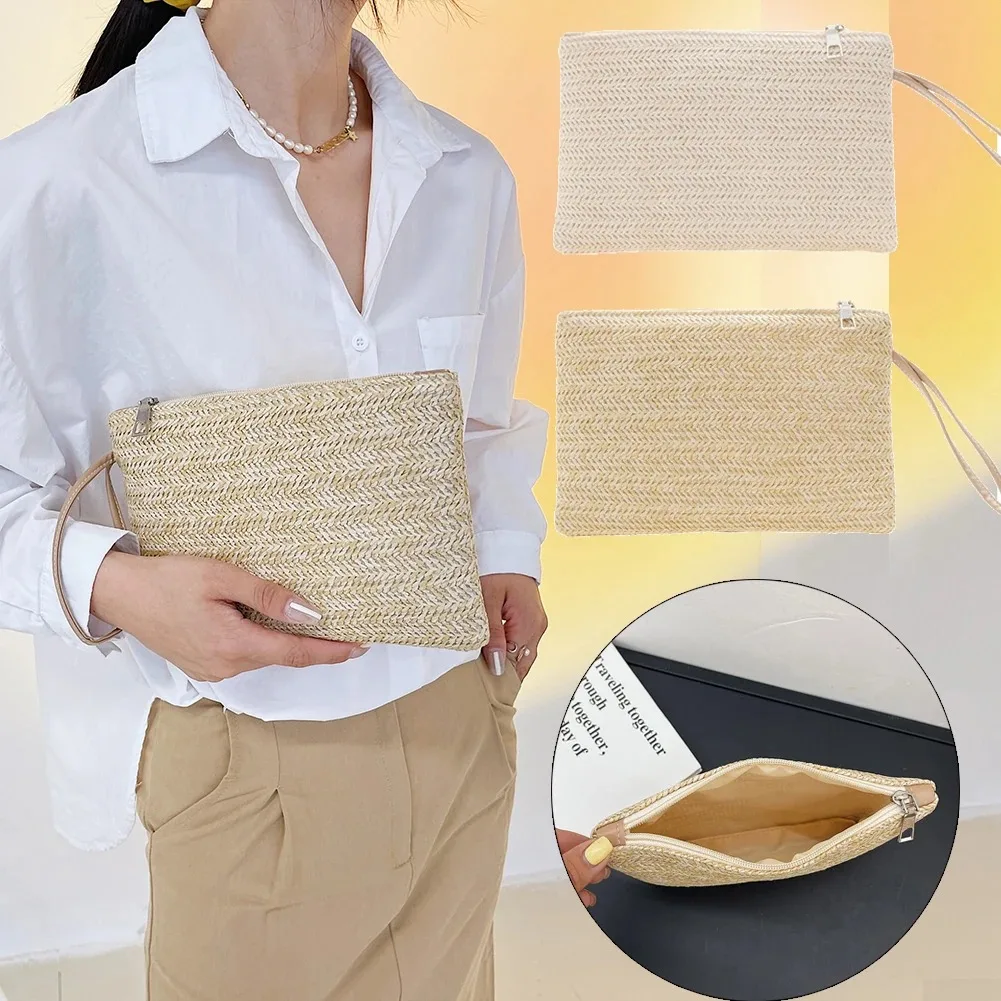 Women Girls Fashion Clutch Solid Straw Wristlet Bag Ladies Beach Summer Handbags Purse Daily Money Coin Phone Card Bag