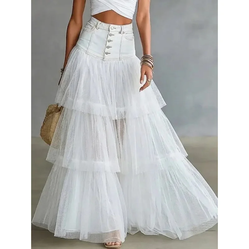 2026 Women Denim Spliced Mesh Tiered Cake Skirt Draped Pleated Long Maxi Skirt Multi-Layer Swing High End Holiday Vacation Skirt