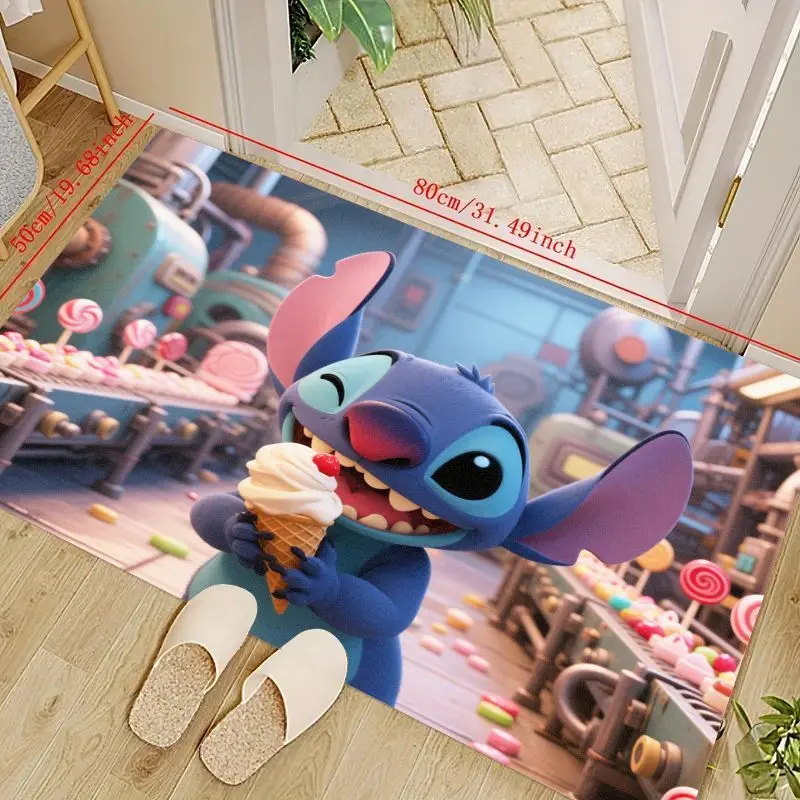 

1PC Disney Lilo & Stitch Cartoon Floor Mat, Adorable Stitch Eating Ice Cream & Candy Scene Area Rug, Non-Slip Washable Bedroom L