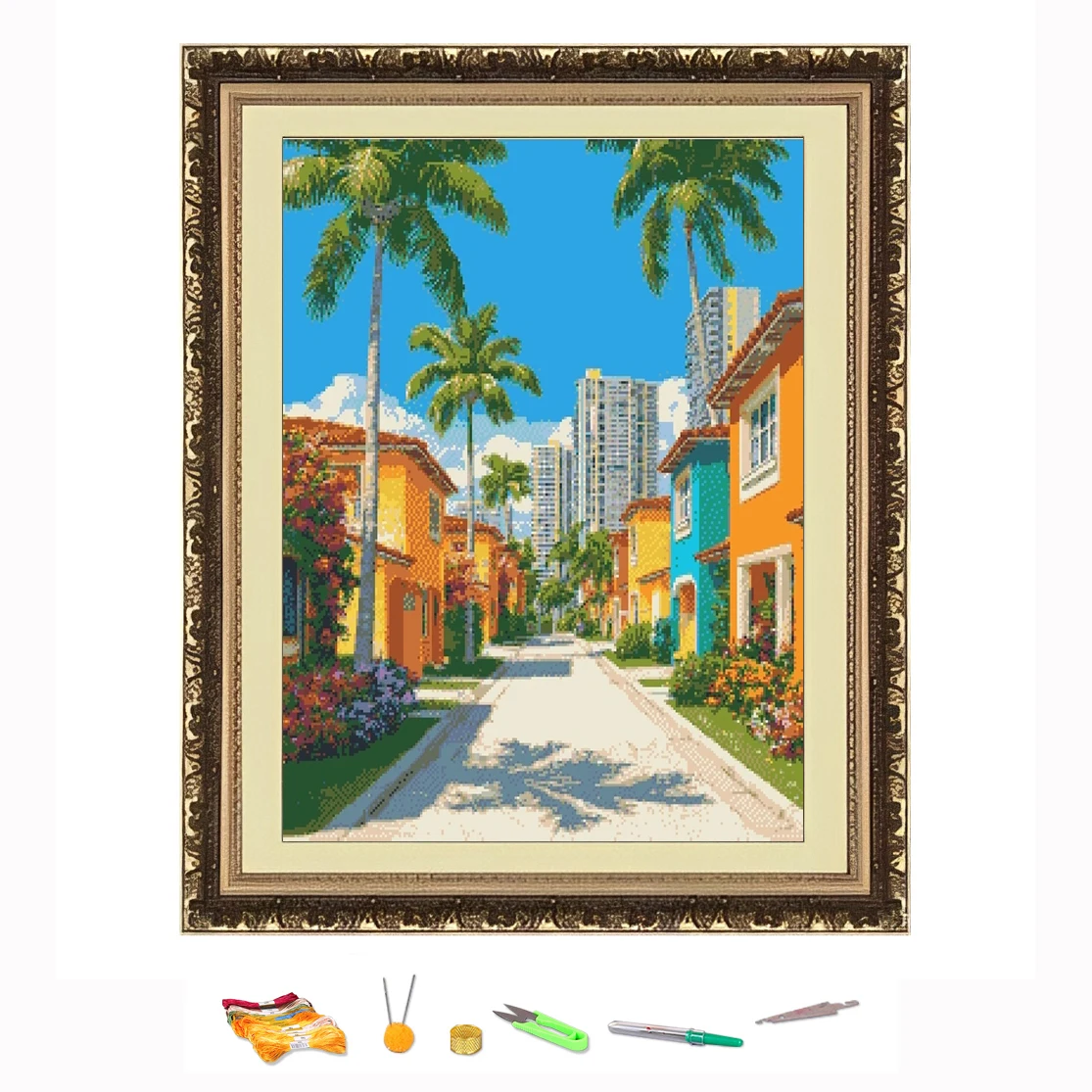 Bordado de punto de cruz, árboles de coco en ambos lados de la carretera, dibujo de hilo, Kit de costura DIY, decorar impreso en Canva 11CT