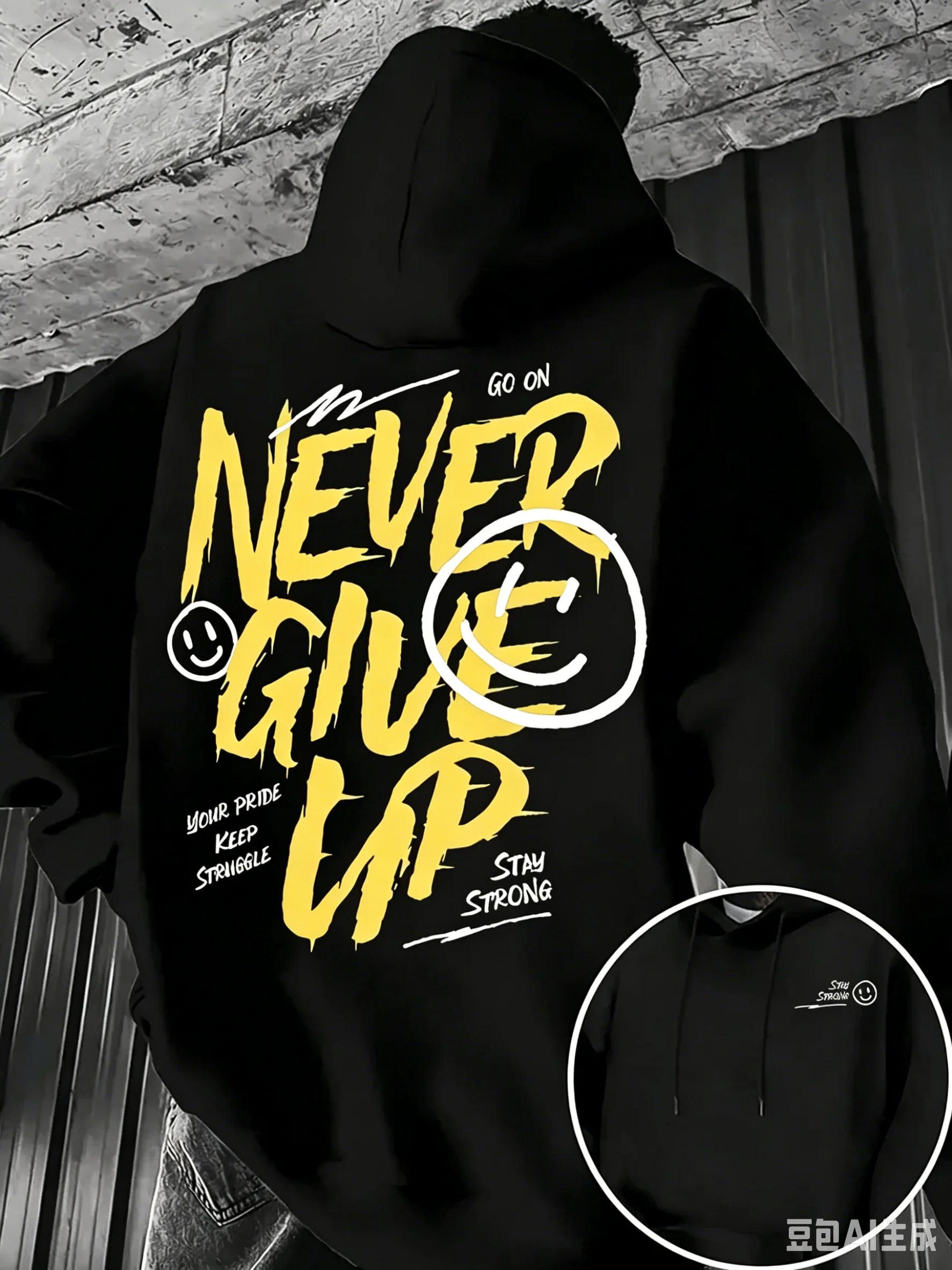 Sweat-shirt à capuche en polaire pour homme, automne-hiver, avec inscription inspirante « Never Give Up » et visage souriant imprimé au dos, confortable et chaud pour les sports de plein air