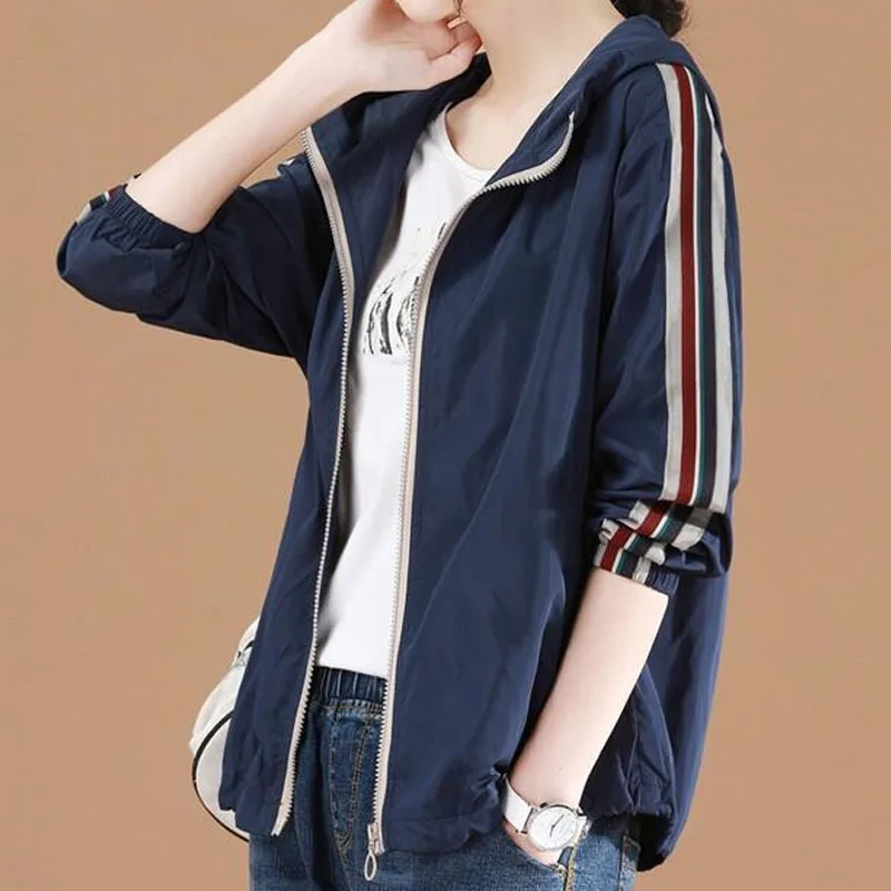 Korean Hooded Zipper Jackets Fashion Women\'s Clothing Spring Autumn Loose Casual Long Sleeve Striped Spliced Coats for Female