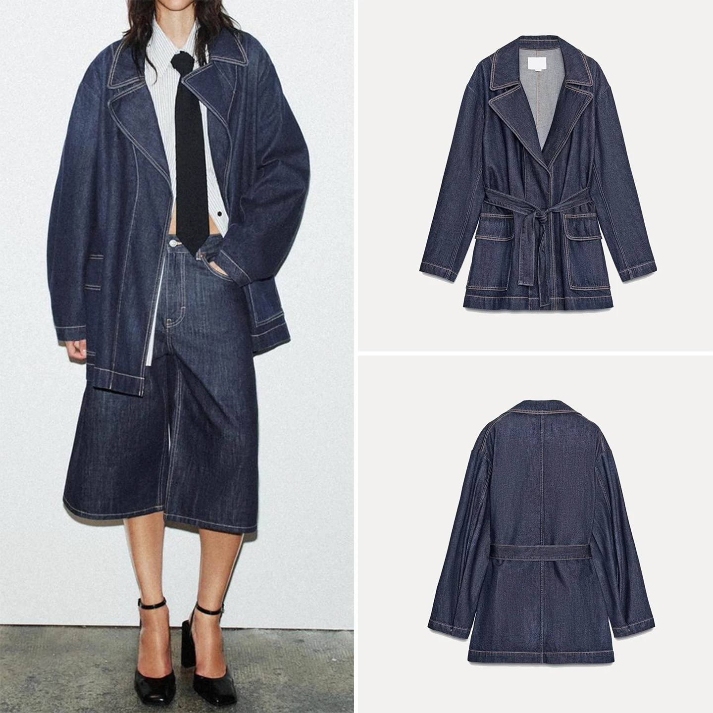 

Z 2025 New Faion ort Denim Jaet Women's Coat Personali Sle Commute Loose Fit Long Sve Belted Pure Color