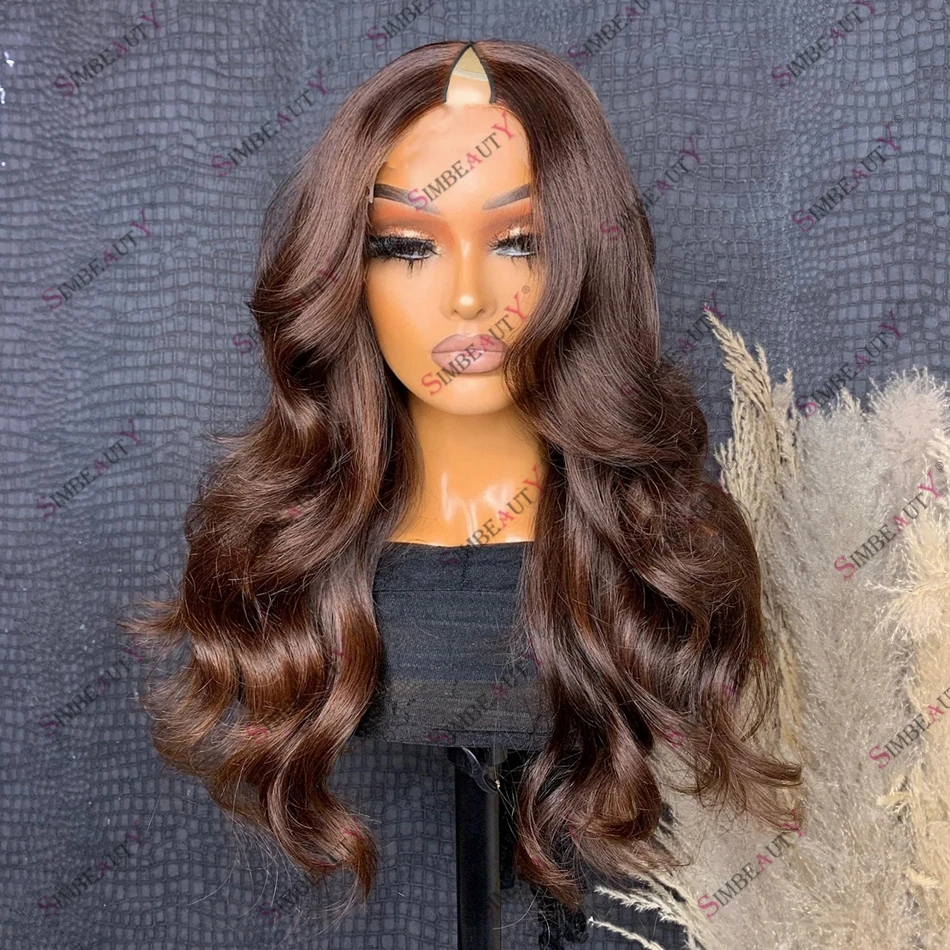 

Chocolate Brown Wavy Human Hair Glueless Easy Install U Part Wig for Women Machine Made V Part 1x4 Size Open Remy Indian Hair