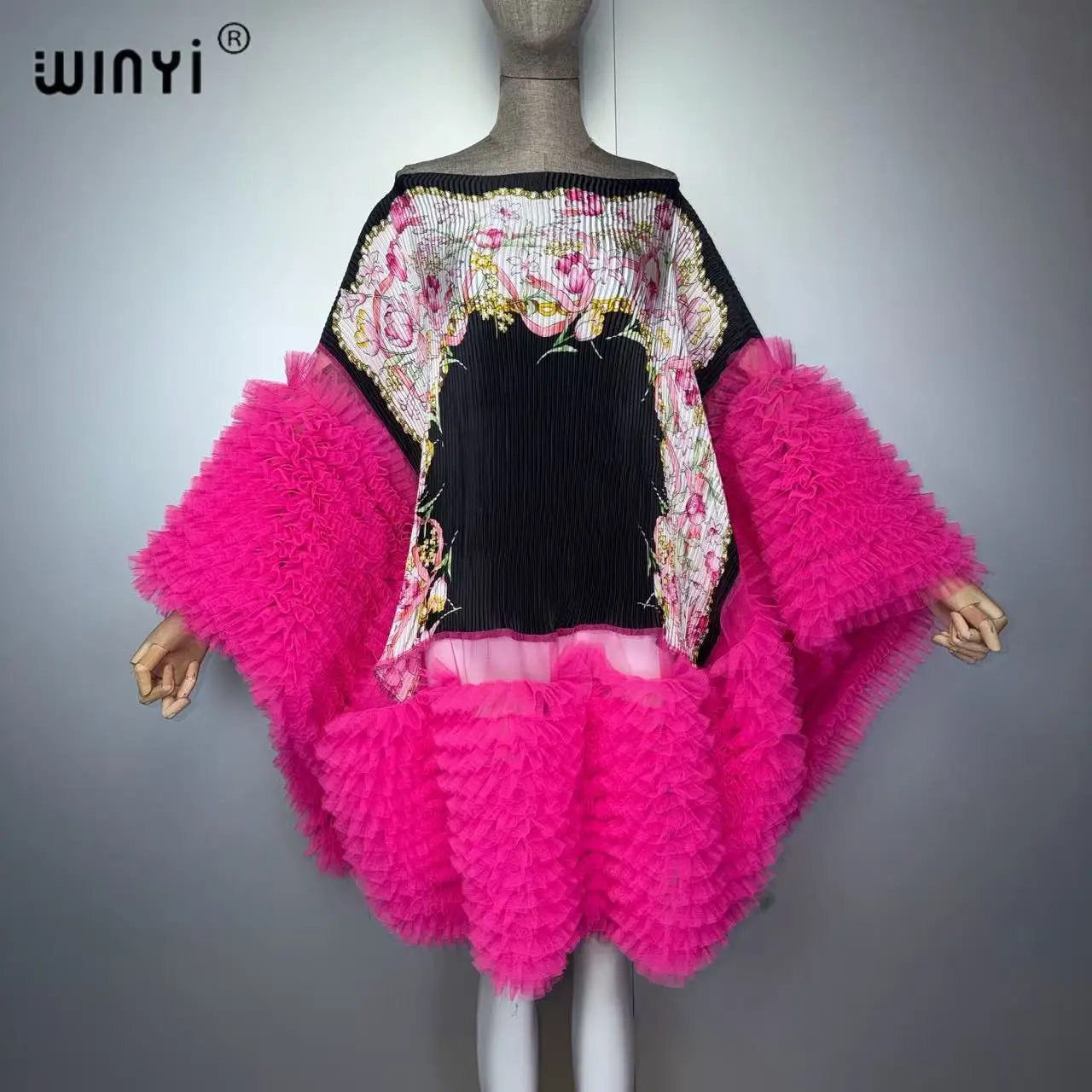 WINYI Women's Pleated Maxi Party Dress Loose Fit Boho Evening Gown Crumple Design Poncho Top Beach Wear Cover up Shawl