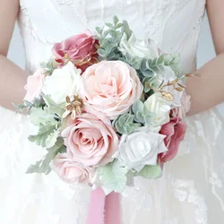 Yannew Country Wedding Bridal Bouquets White Pink Artificial Flowers Round Wedding Bouquets for Bride Party Ceremony Decoration