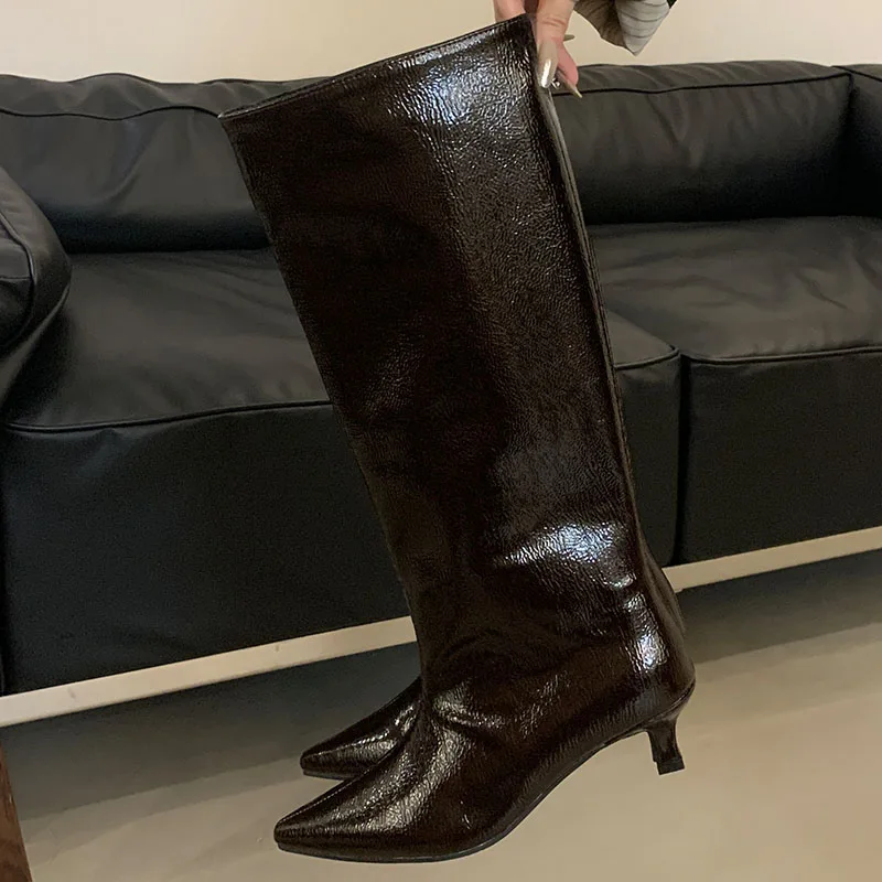 Modern Fashion Pointed Toe Women Knee High Boots With Low Heel Shoes Female Slip On Footwear Ladies Long Western Booties Shoes