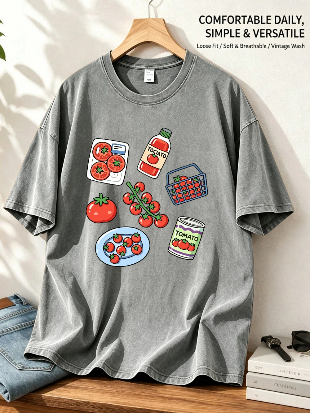 Tomato Assortment Products Printed Washed T-Shirts Womens Oversized Cotton T Shirt Casual Distressed O-Neck Tops Summer Clothes