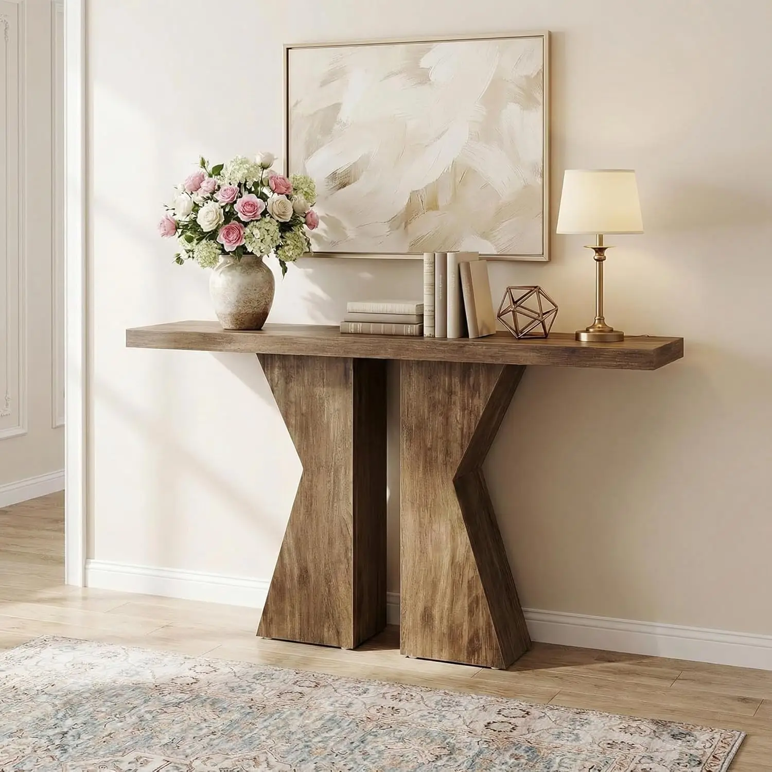 Mesa Consola Rústica de 140 cm con Base en K, Madera de 4 cm de Grosor, 140x30x80 cm, para Sala de Estar, Pasillo, Entrada, Personalizable