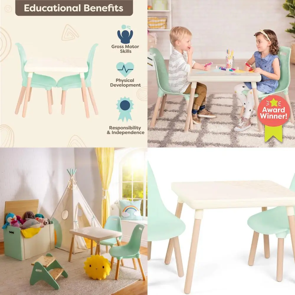 

Комплект мебели для малышей: стол для рукоделия с 2 стульями, ножки из натурального дерева, мятный цвет, возраст от 3 лет.