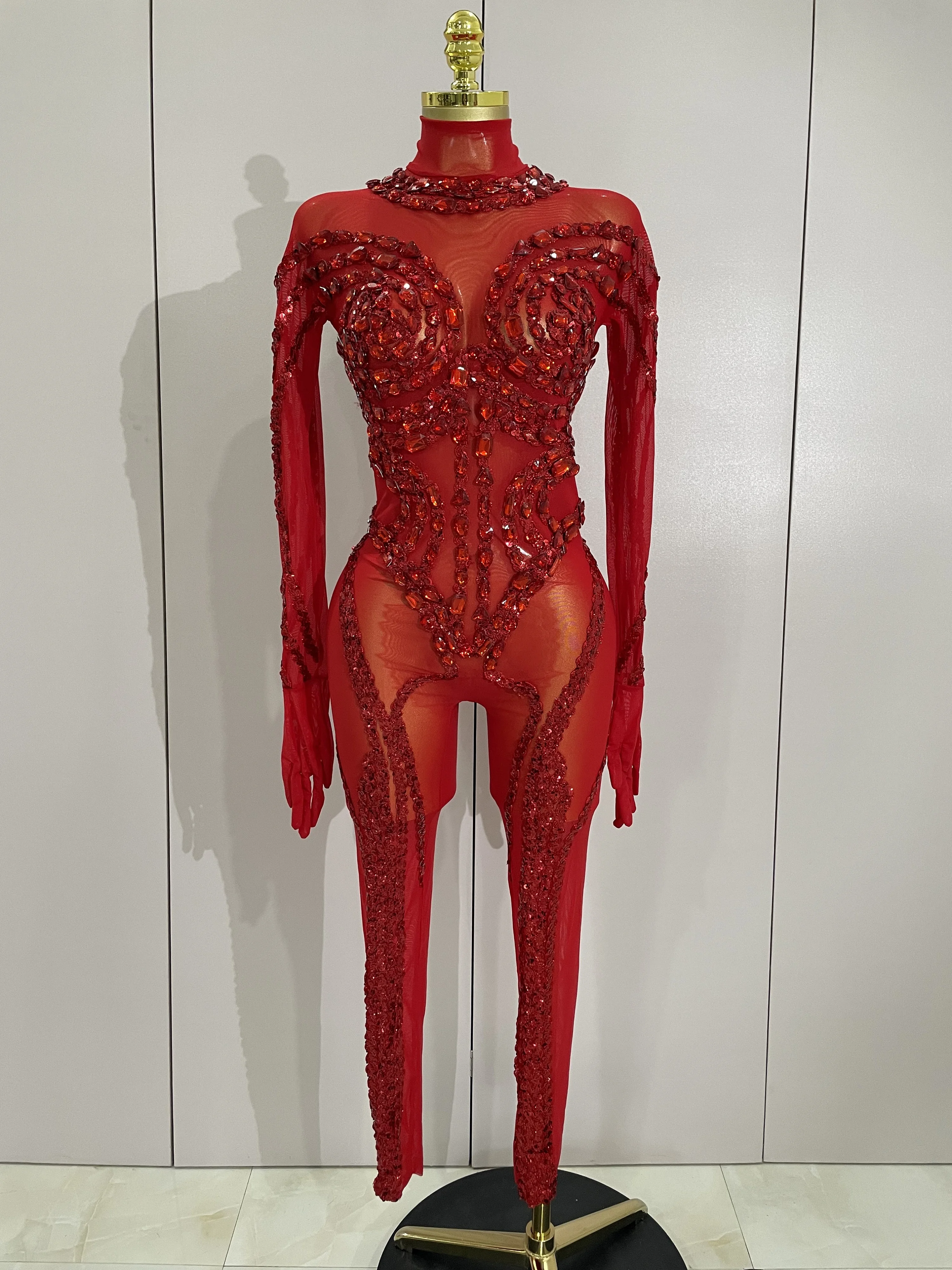 Luxury Sparkle Diamonds Sequins Mesh See-Through Jumpsuit Women Eveing Birthday Party NightClub Stage Costume Festivals Outfit