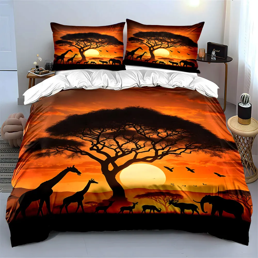 Wildlife silhouettes at sunset Pattern Duvet Cover Set Digital Print Colorful Polyester Bedding with Zipper Closur for kids gift