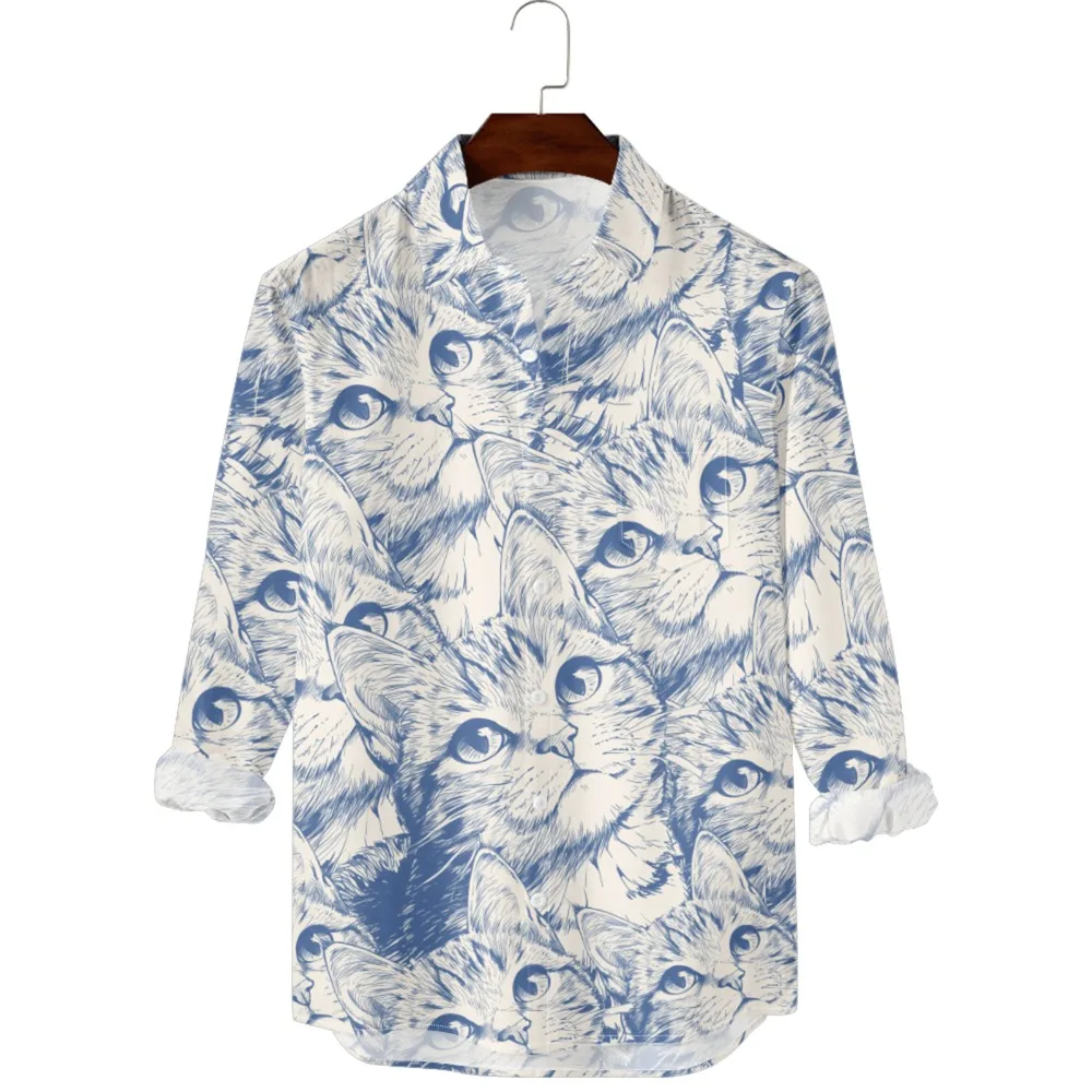 Hawaiian Button Up Shirts Love Pet Cat Face Printed Full Sleeve Streetwear Casual Men Vacay Beach Parties Travel Poolside Shirt