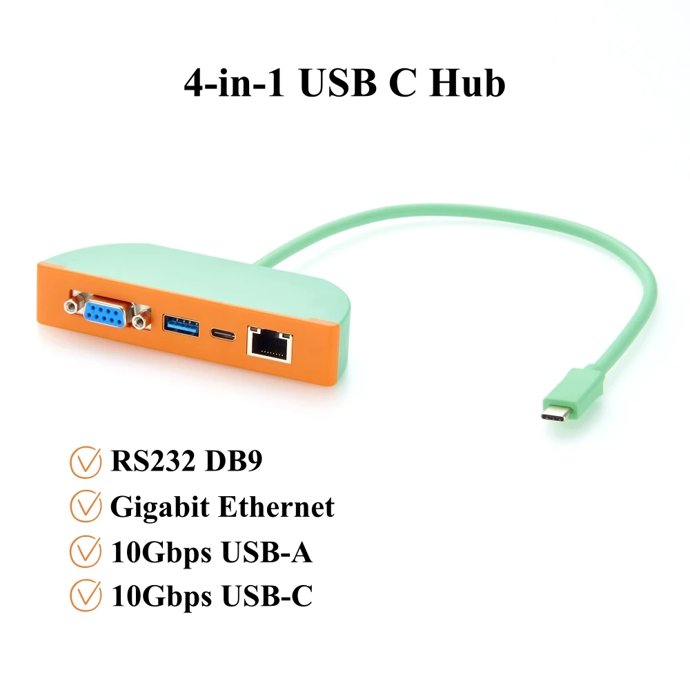 4-in-1 USB C Hub, Multiport Adapter with RS232 DB9, Gigabit Ethernet, 10Gbps USB-A & USB-C Ports, for Laptop, Windows, macOS